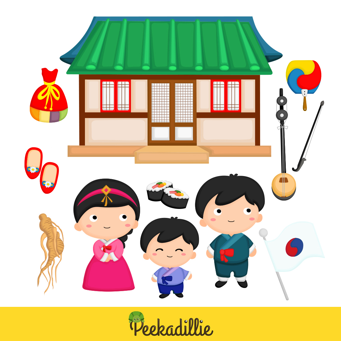 Cute Korean Couple Family Traditional Traditition Culture Hanbok Hanok National Flag Cartoon Illustration Vector Clipart preview image.