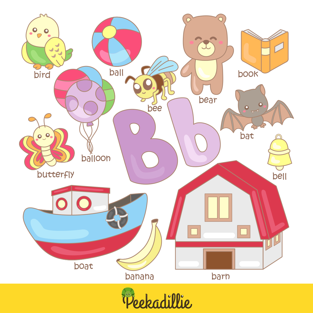B For Vocabulary School Letter Reading Writing Font Study Learning Student Toodler Kids Balloon Bear Banana Butterfly Barn Ball Bird Bat Book Bell Boat Bee Cartoon Illustration Vector Clipart Sticker preview image.