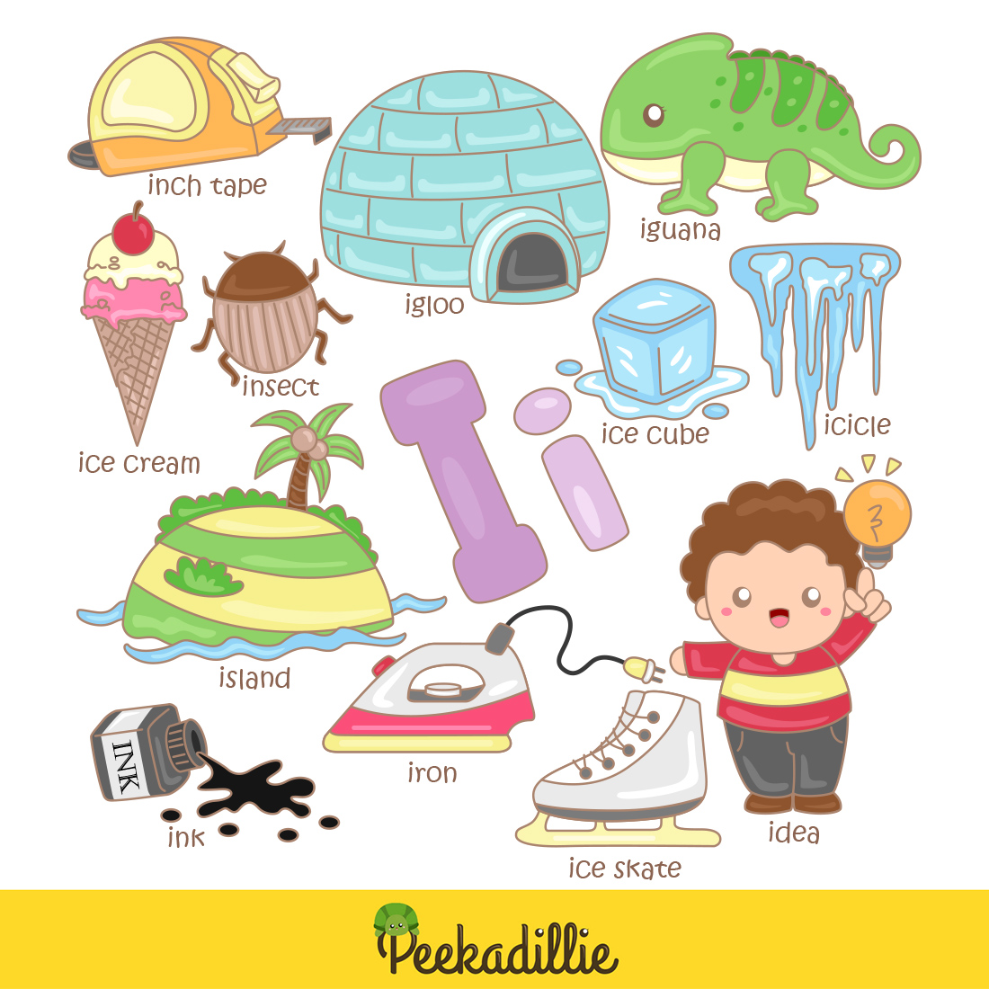 Alphabet I For Vocabulary School Letter Reading Writing Font Study Learning Student Toodler Kids Cartoon Island Inch Tape Ice Cube Ink Ice Skate Idea Iron Ice Cream Insect Igloo Ice Cream Iguana Icicle Illustration Vector Clipart preview image.