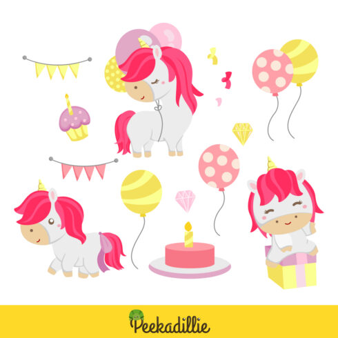Cute Pink Unicorn Fantasy Horse Birthday Background Decoration Party Cartoon Character Illustration Vector Clipart cover image.