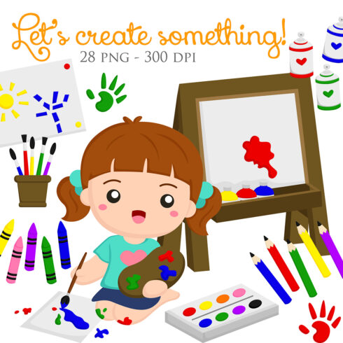 Cute Girl Doing Painting Activity School with Water Colour Stationery Crayon Pencil Brush Paint Board Cartoon Illustration Vector Clipart cover image.