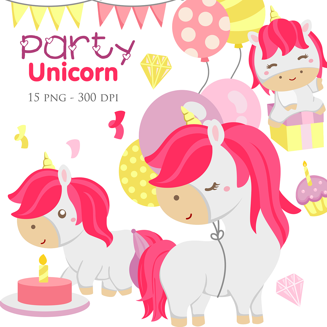 Cute Pink Unicorn Fantasy Horse Birthday Background Decoration Party Cartoon Character Illustration Vector Clipart preview image.