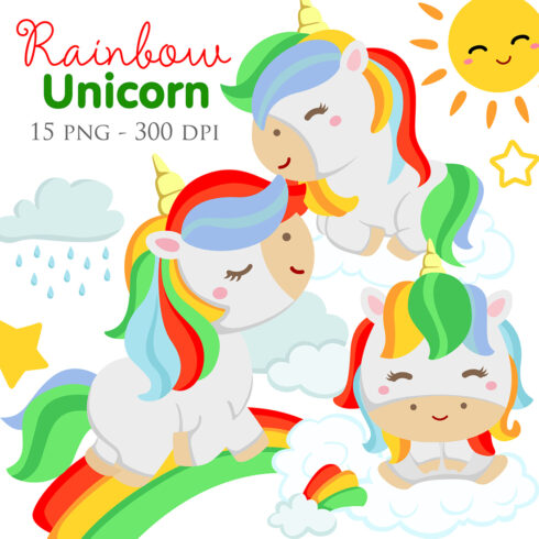 Funny Colorful Rainbow Unicorn Fantasy Horse Character and Weather Sun Summer Sky Nature Cartoon Illustration Vector Clipart cover image.