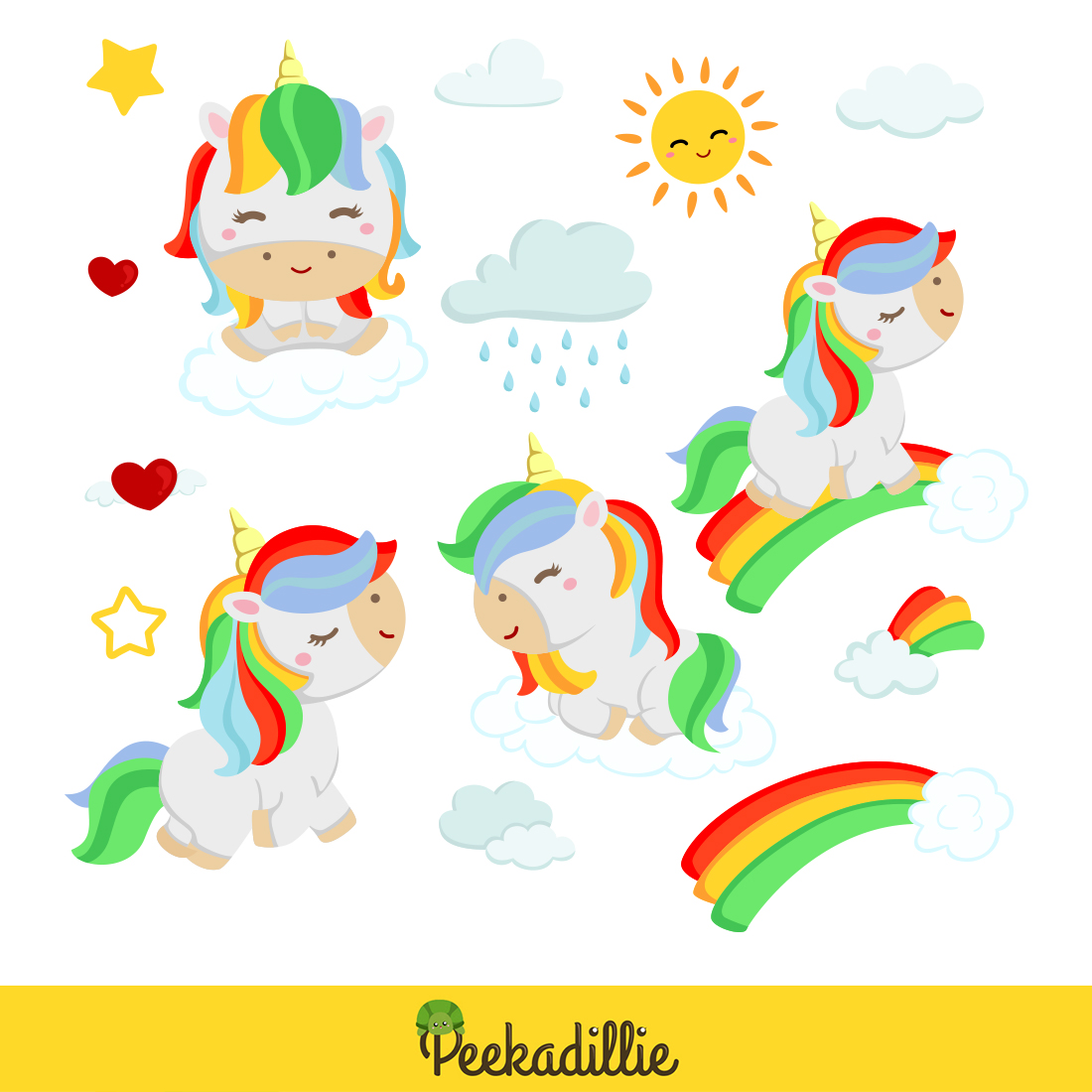 Funny Colorful Rainbow Unicorn Fantasy Horse Character and Weather Sun Summer Sky Nature Cartoon Illustration Vector Clipart preview image.