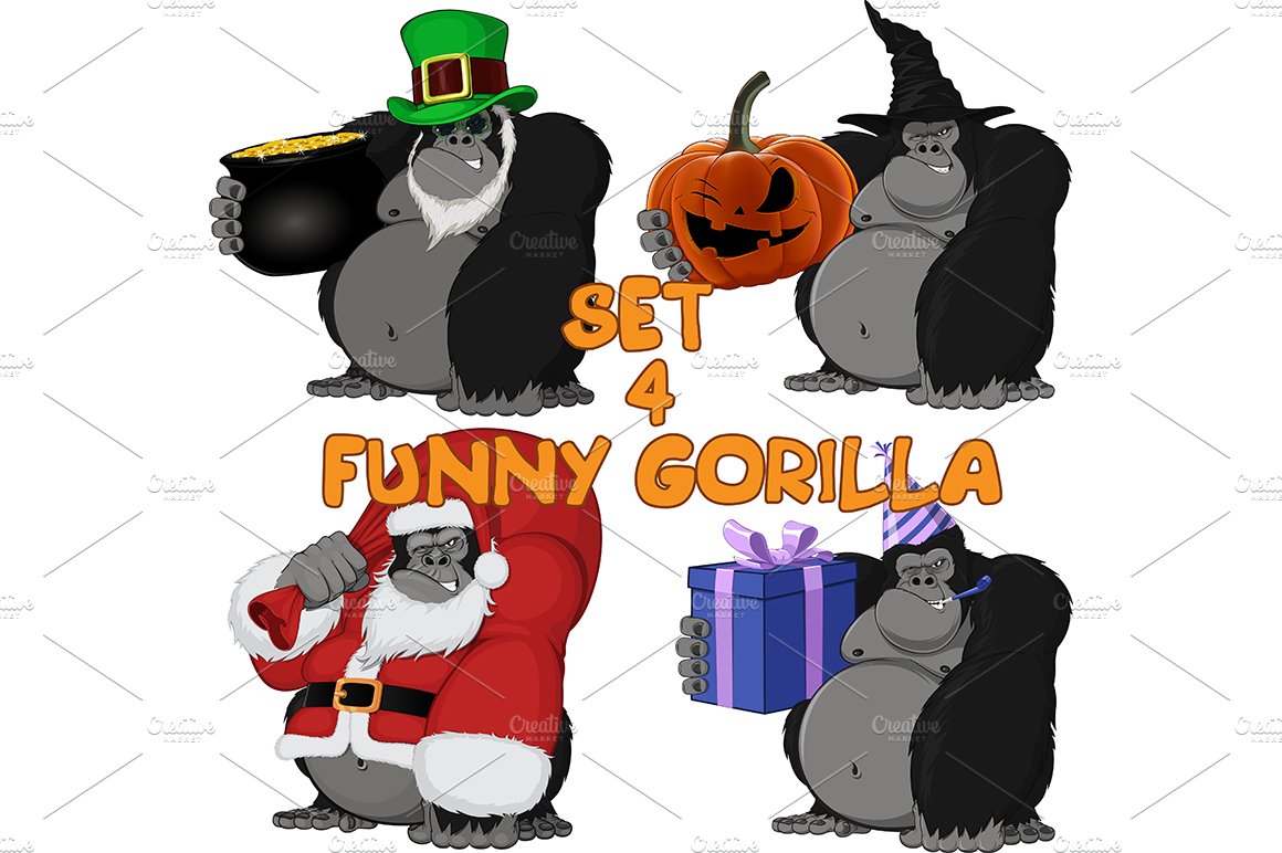 Set 4 funny gorilla cover image.