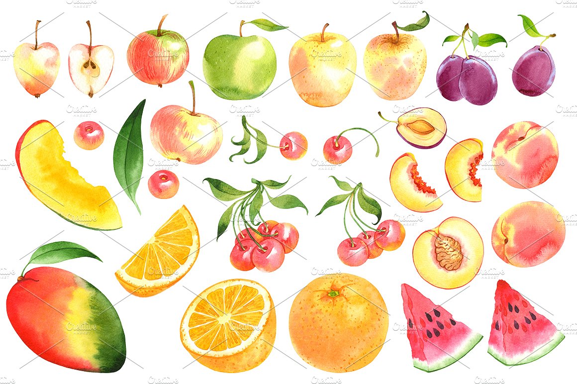 Watercolor fruits preview image.