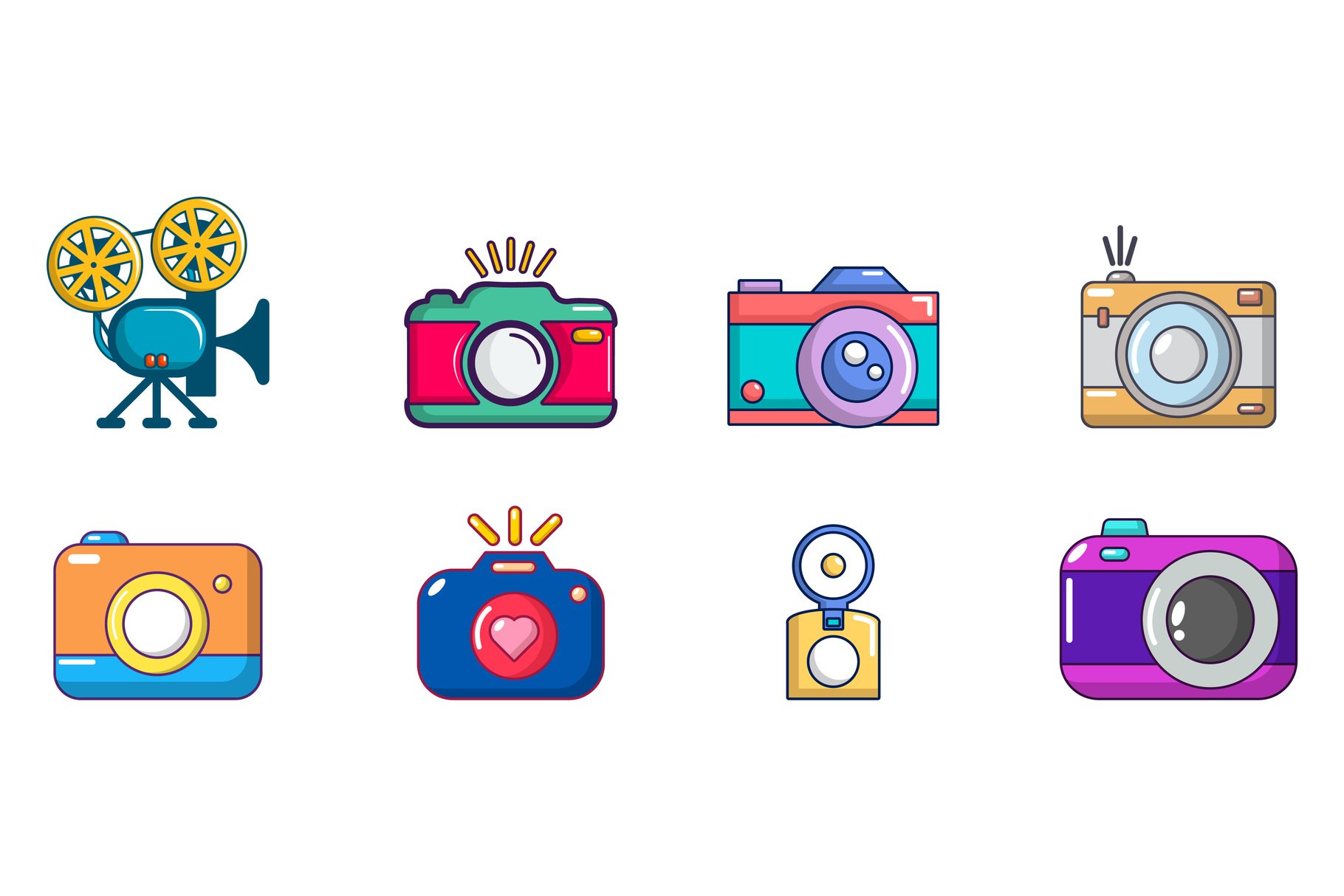 Camera icon set, cartoon style cover image.