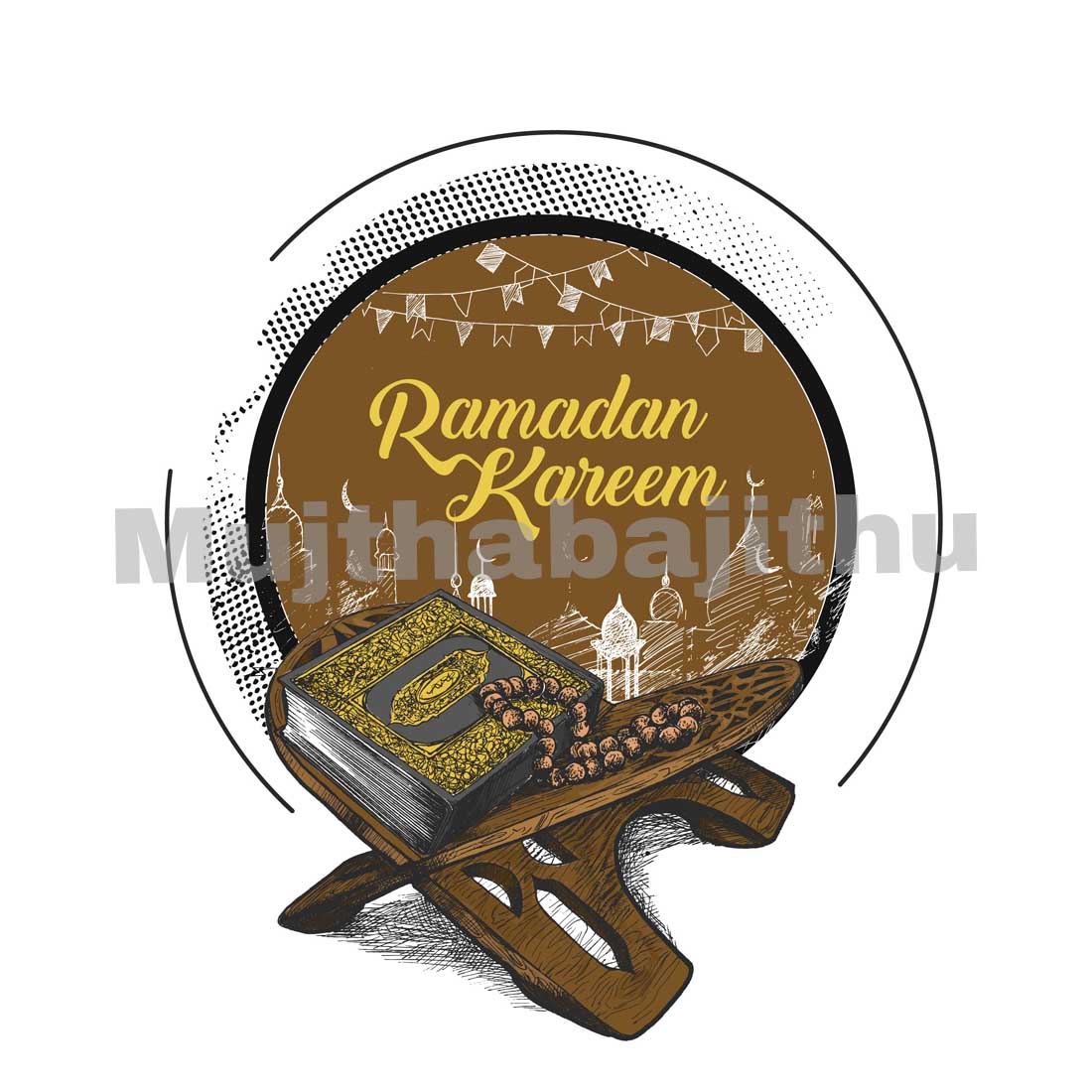 Ramadan kareem with a book and rosary.
