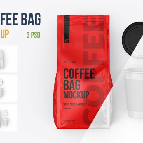 Coffee Bag with Cup, top view mockup cover image.