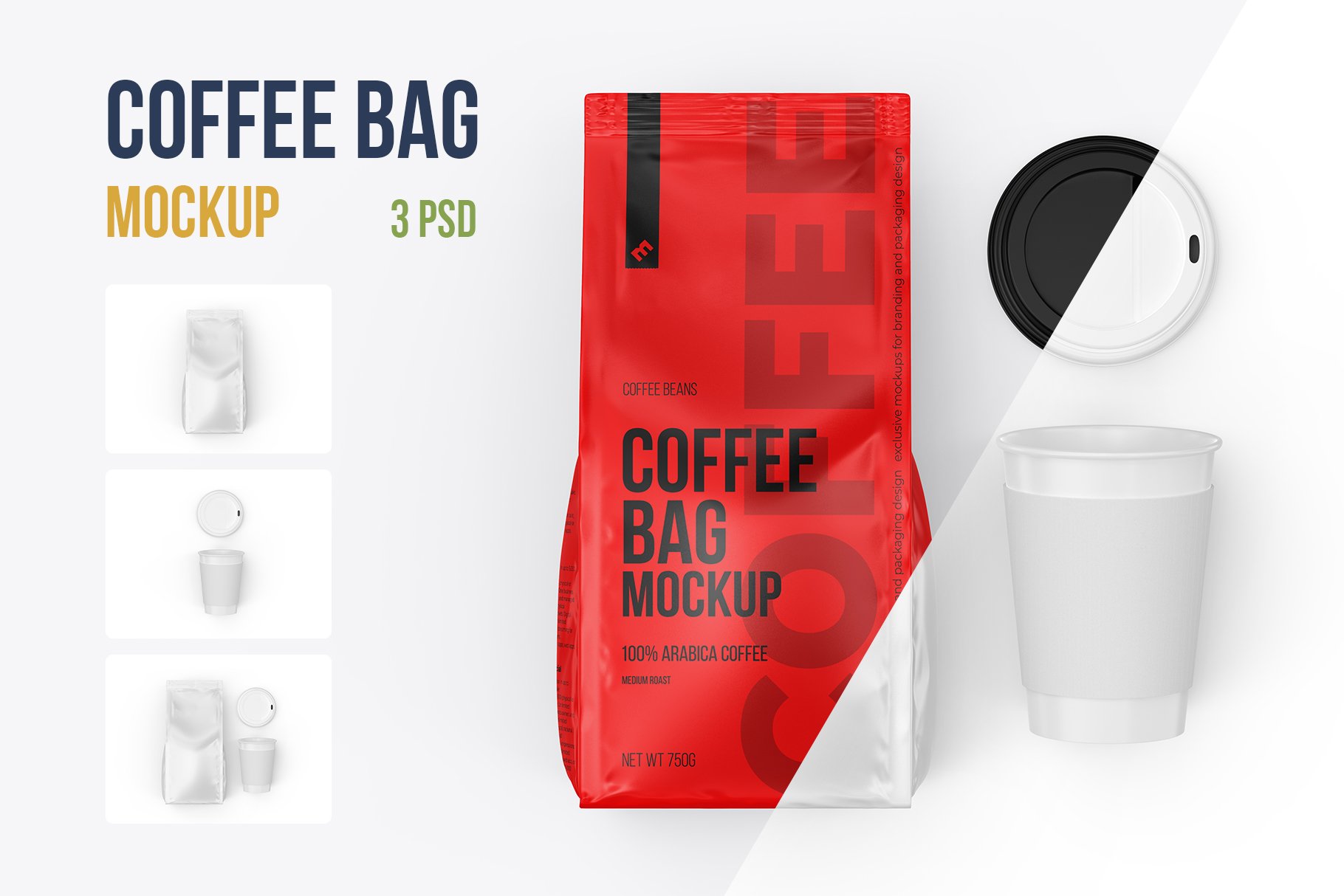 Coffee Bag with Cup, top view mockup cover image.