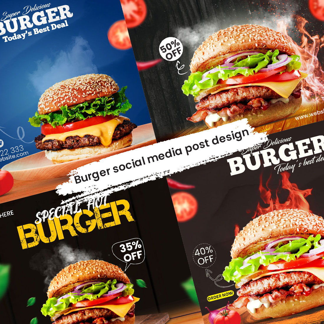 Burger Food Social Media Post Template preview image.