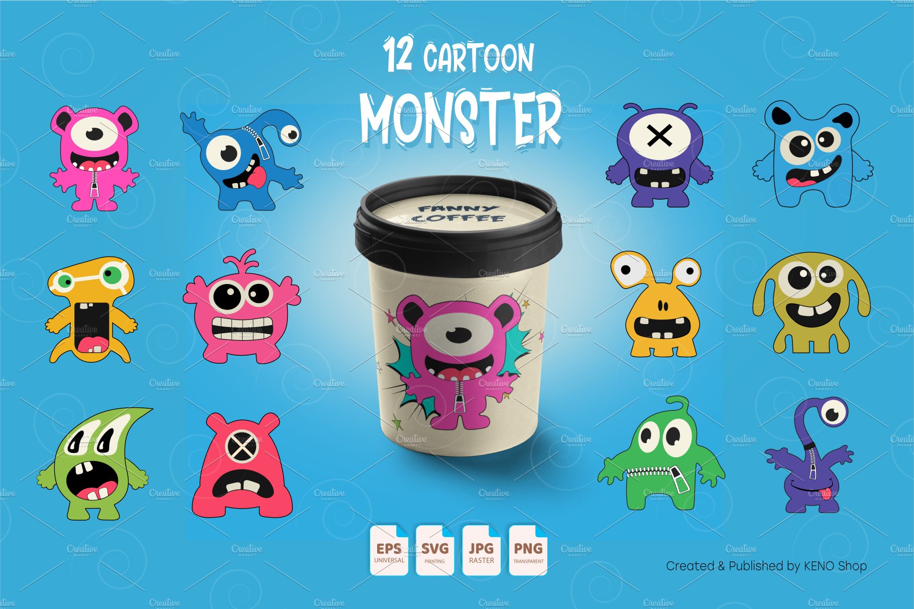 12 Cartoon Monsters. preview image.