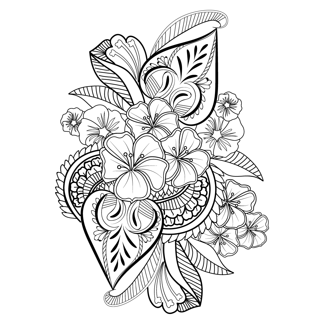 Disital illustration, outline pencil drawing, doodle flower zentangle desing, decorative henna tattoo design. tattoo sketch, floral tattoo drawing. - MasterBundles