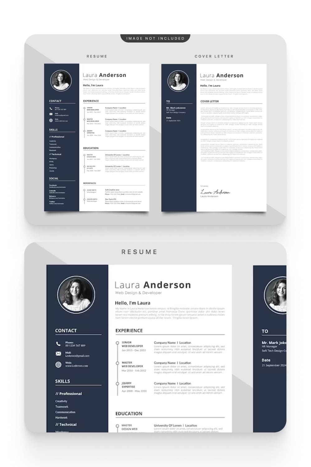 3-column resume with round photo and blue stripe.