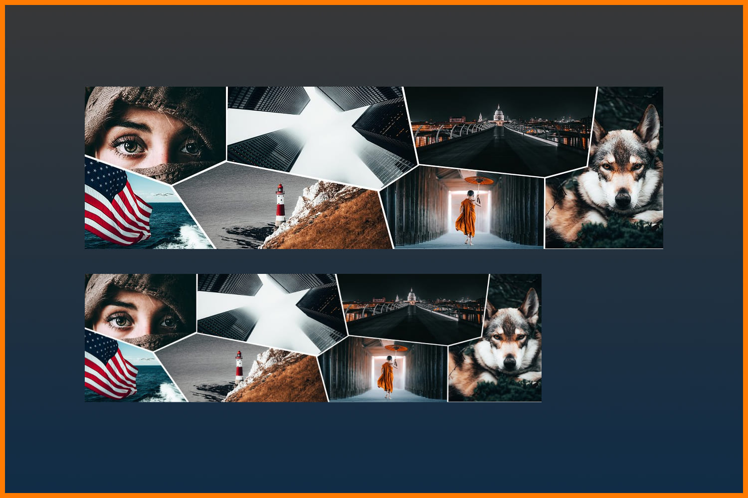 Collage with photos of face, flag, lighthouce, dog.