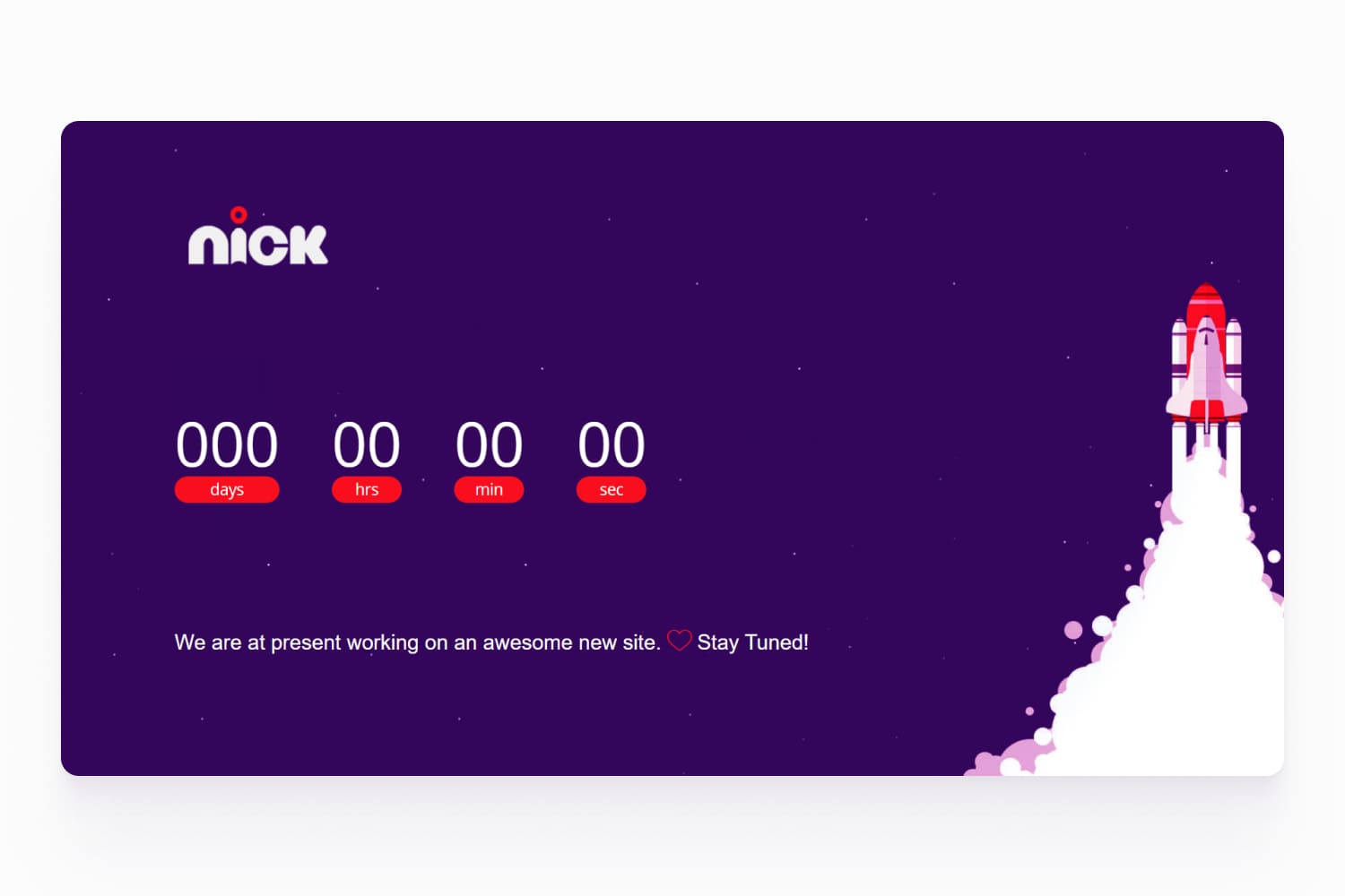Screenshot of a website page with a countdown to launch and an image of a rocket taking off.