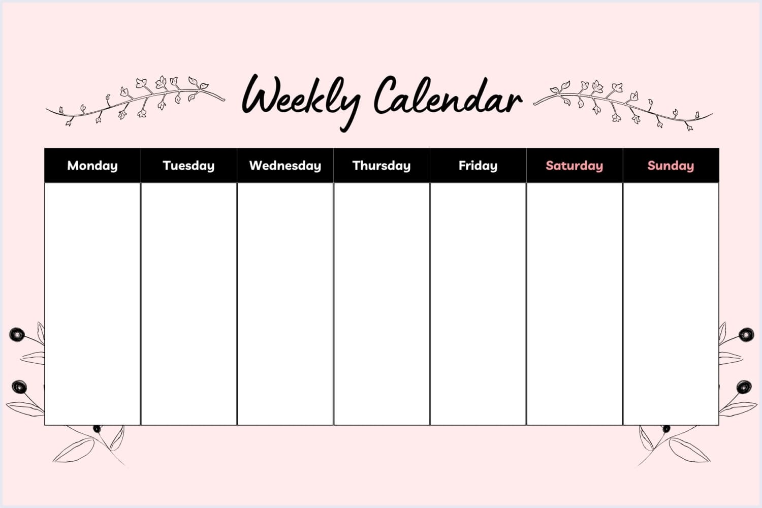 Weekly calendar with black title and white background.