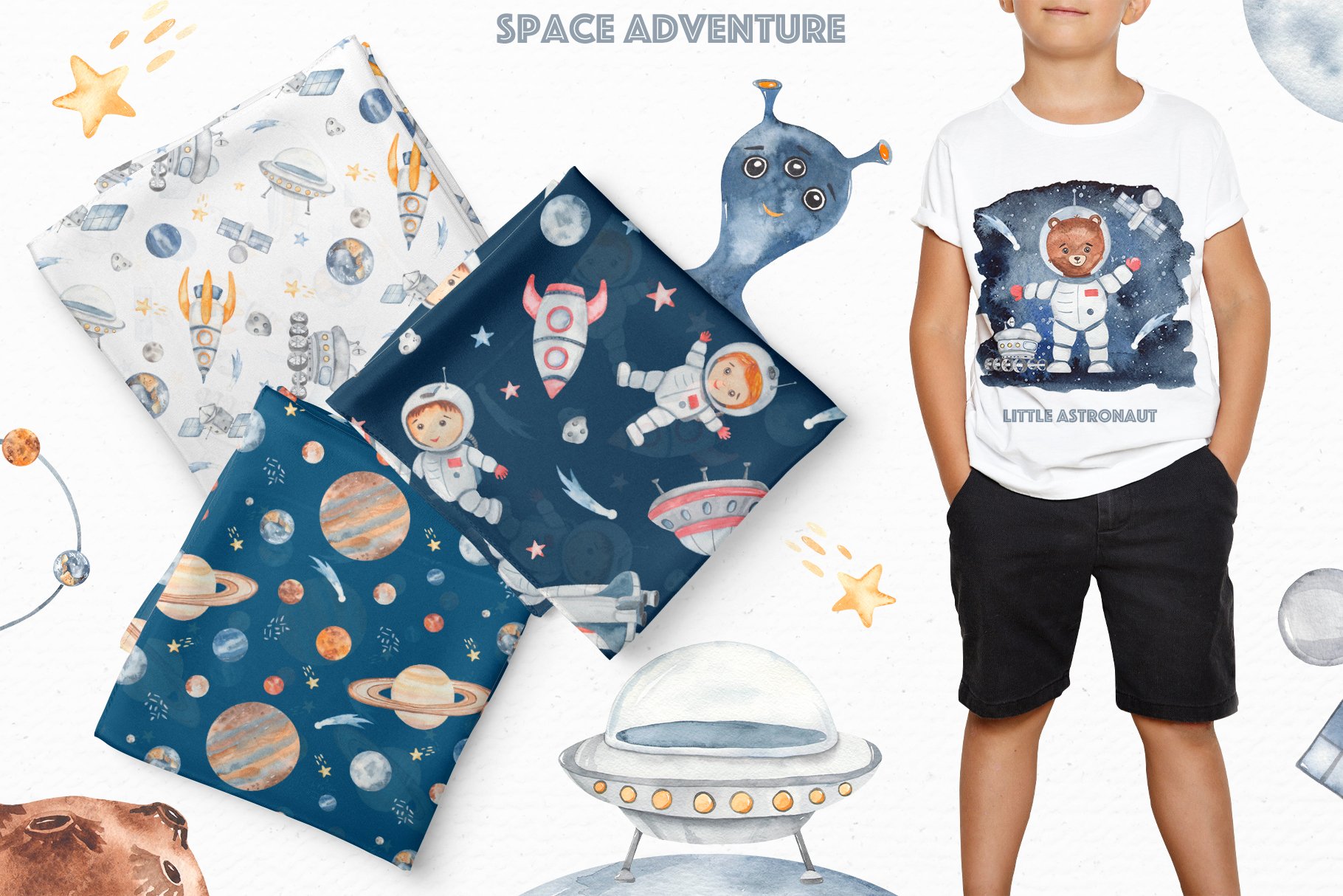 12 space adventure watercolor seamless patterns 549