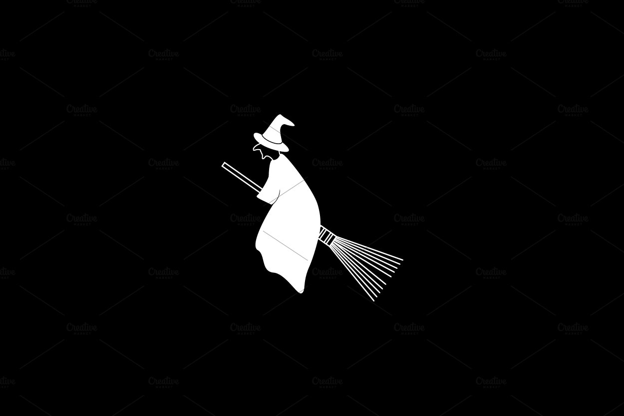witch fly with broom logo vector cover image.