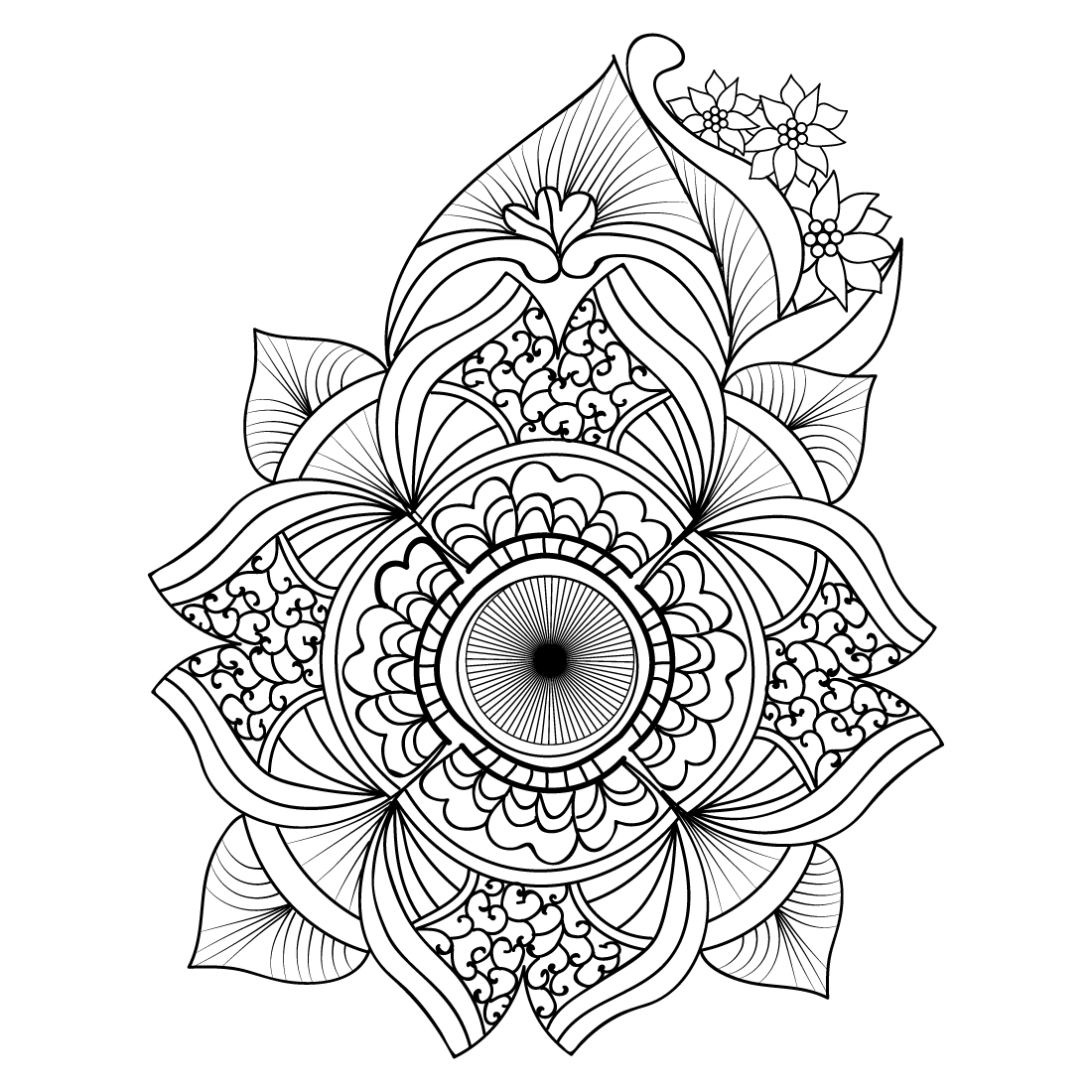 Mamdala design, hand drawn black and illustration, line drawing, pencil art, engraved ink art, ornamental mandala design, coloring pages for adults preview image.