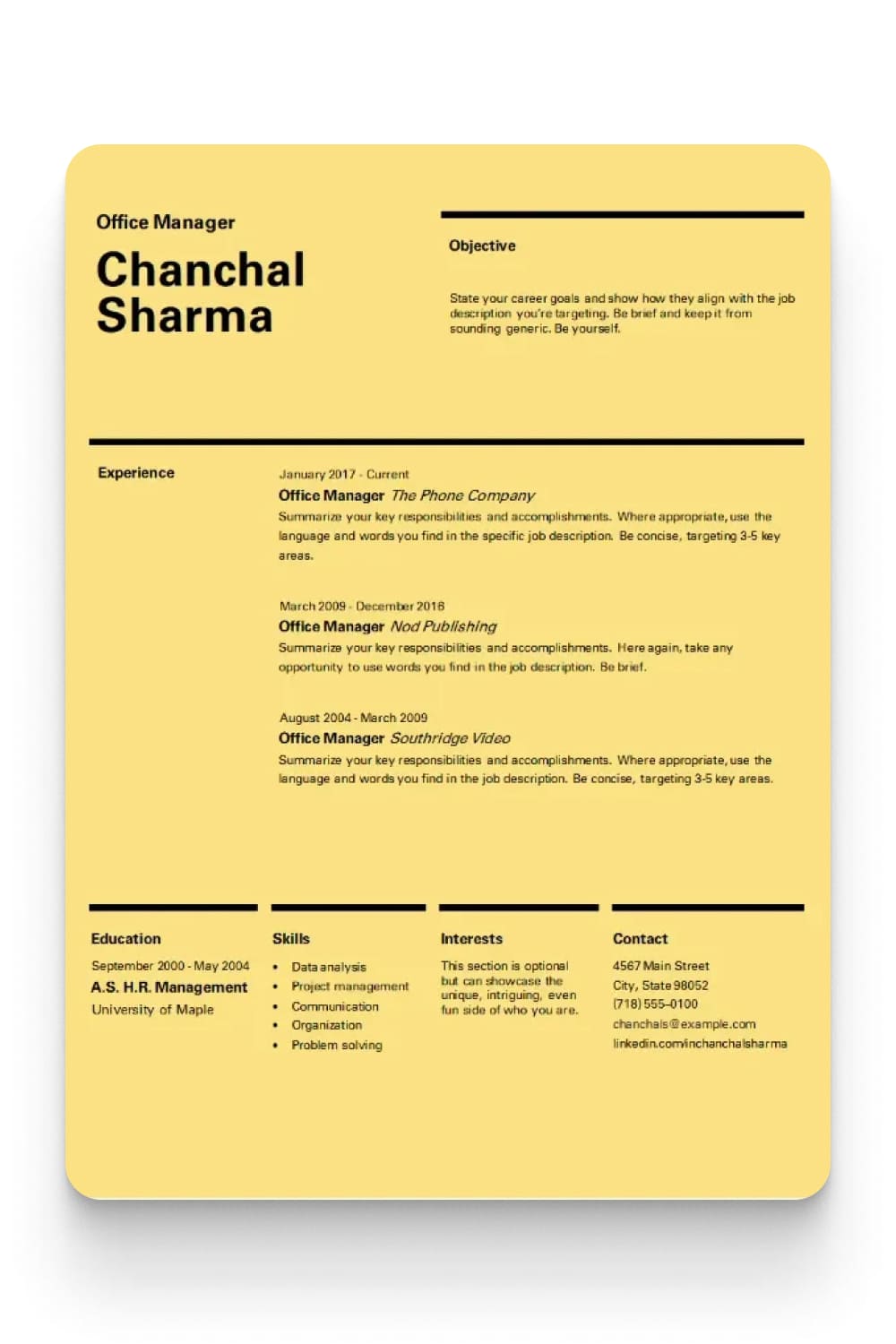 Resume in three sections on a yellow background.