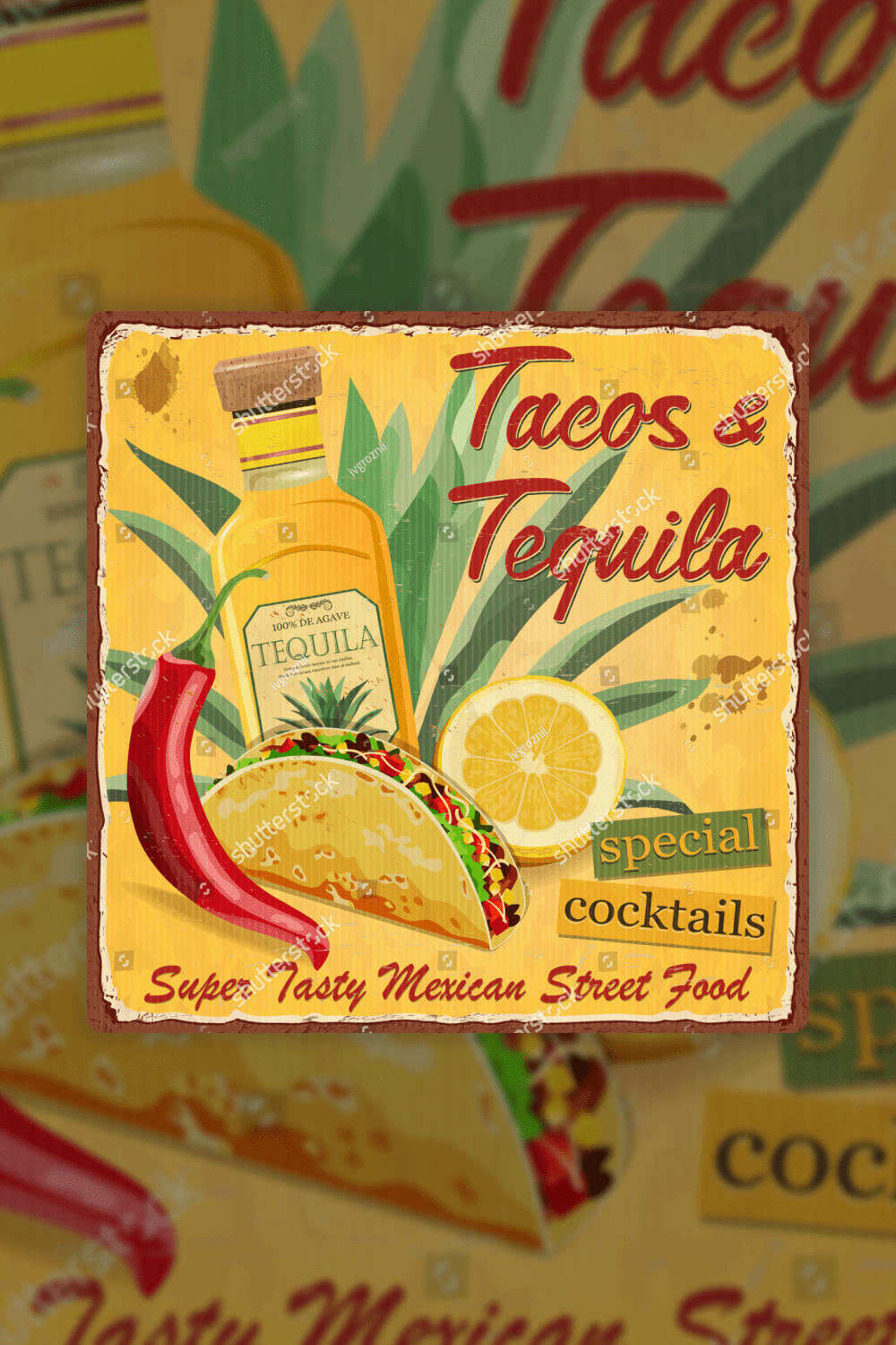 Drawing Vintage tacos and tequila lemon and pepper.