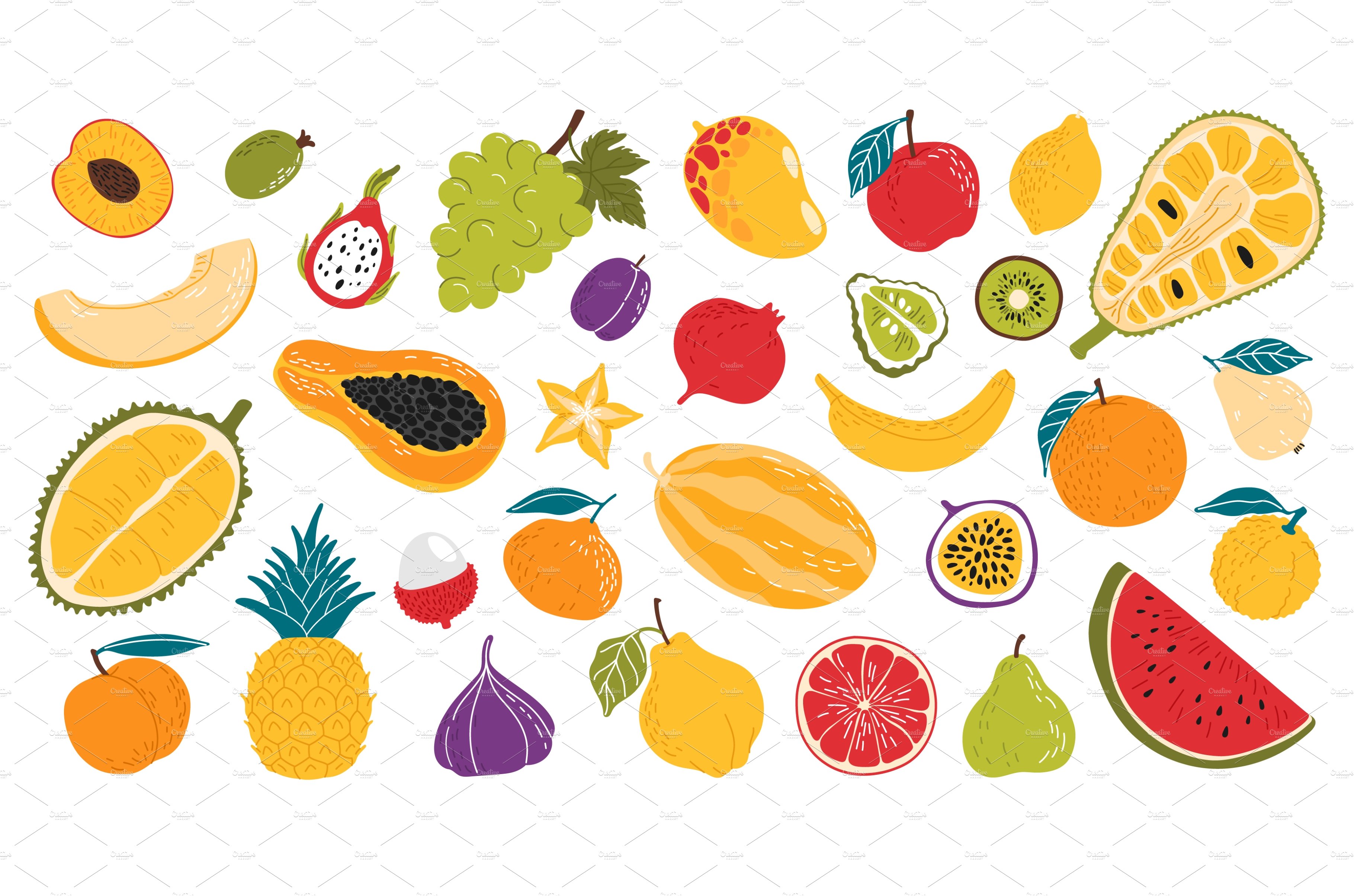 Flat exotic and tropical fruits cover image.