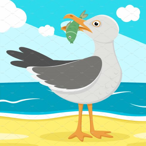 Seagull with fish in its beak stands cover image.