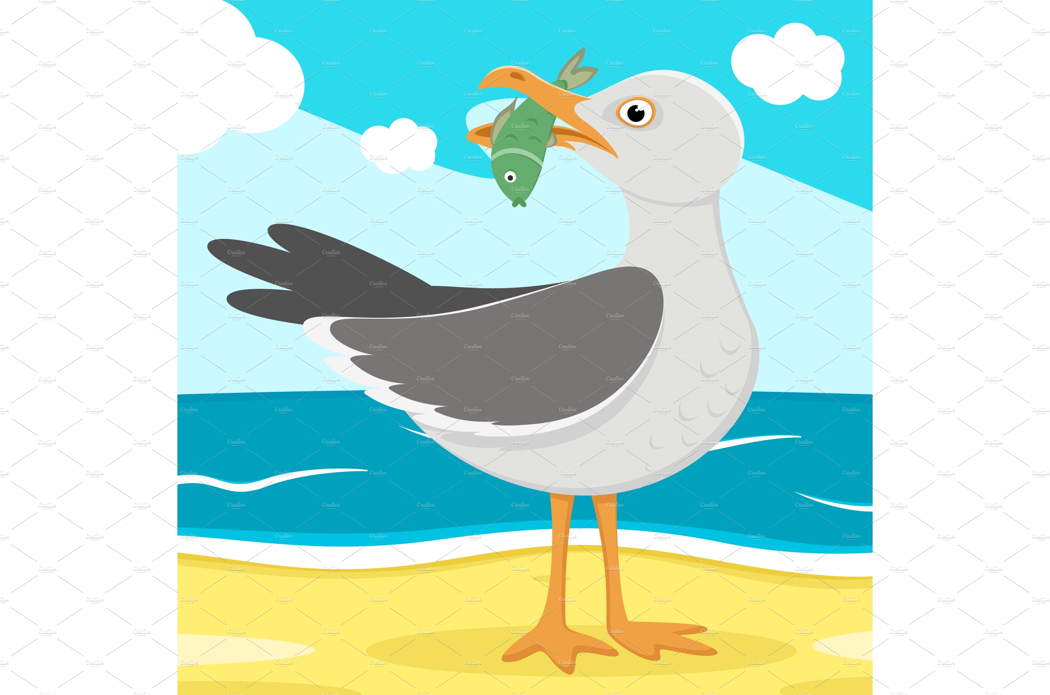 Seagull with fish in its beak stands cover image.