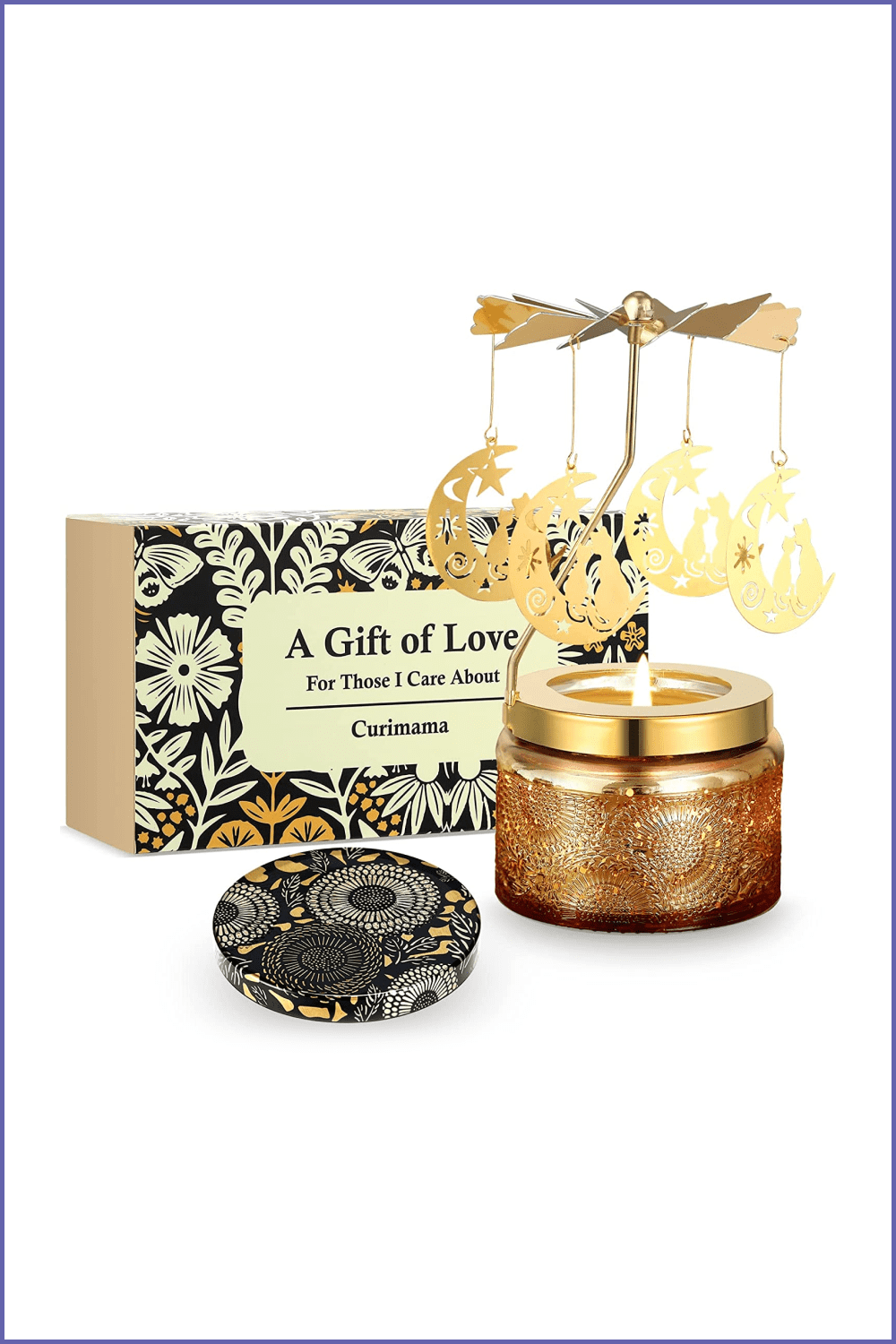 Photo of a golden candle with decorative elements.