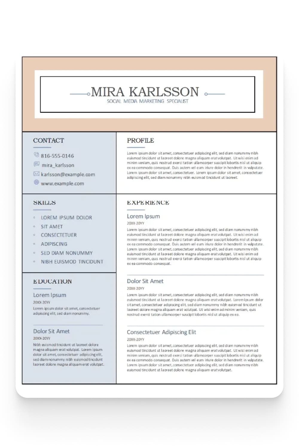 Resume in the form of a table with a white, gray and orange background.