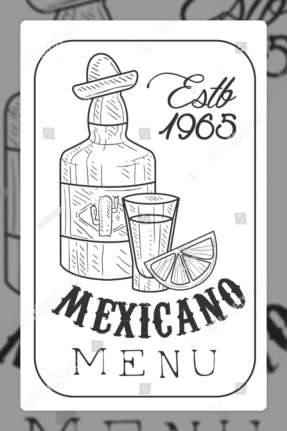 Restaurant Mexican Food Menu Promo Sign In Sketch Style With Tequila Bottle And Establishment Date In Square Frame.