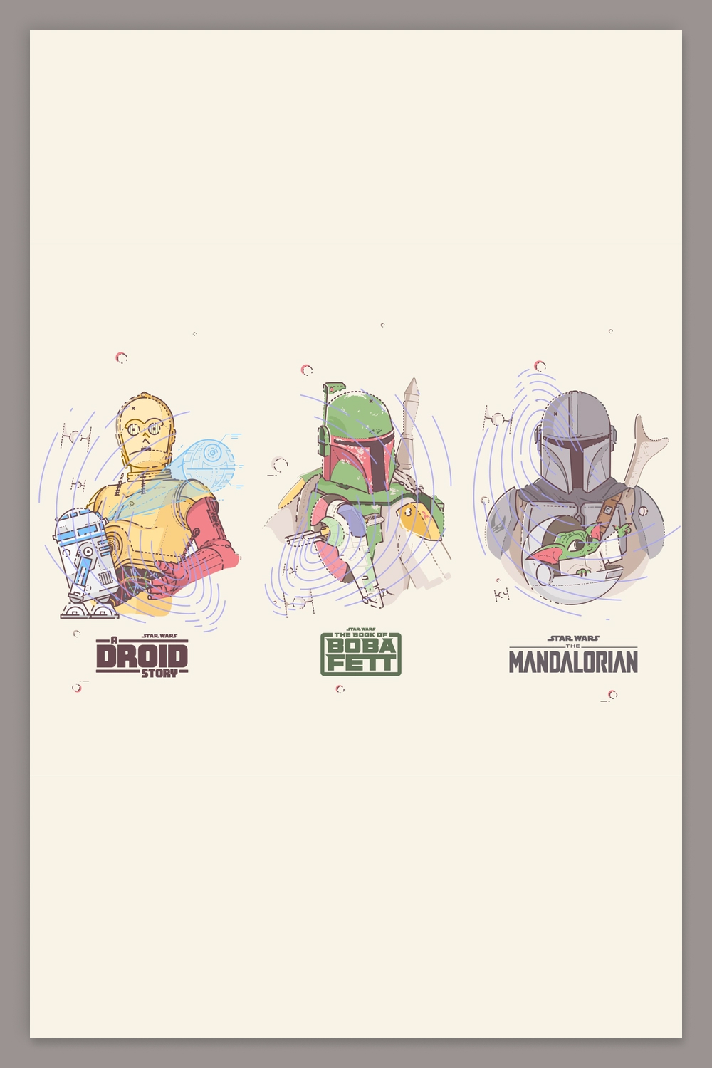 Starwars poster with C-3PO, Boba Fett and Mandalorian.