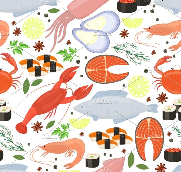 Seafood and spices pattern cover image.