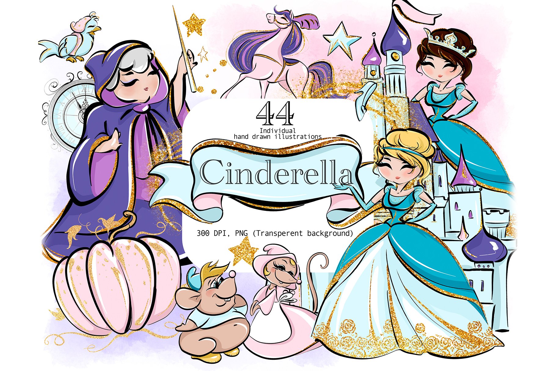 Cinderella Clipart set cover image.
