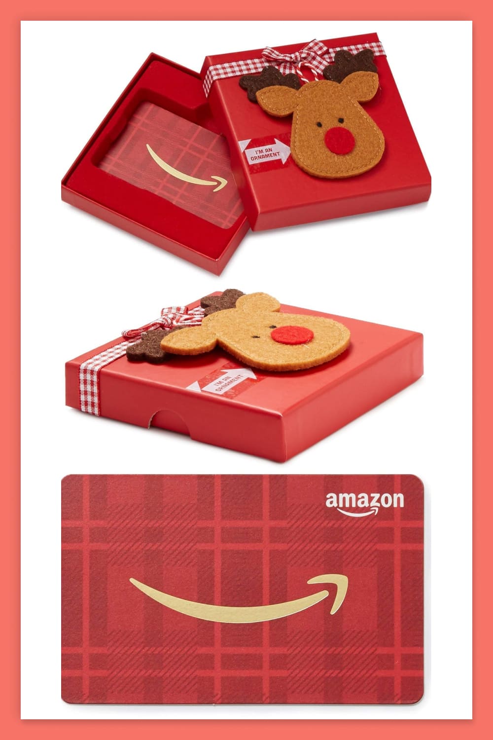 Red box collage with deer muzzle and gift card.