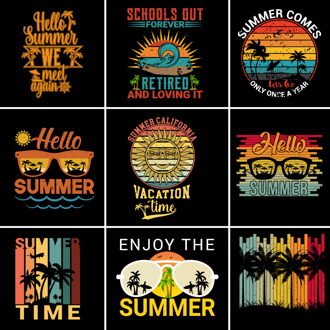 15+ Summer, surf, sunrise, california, beach t-shirt design bundle preview image.