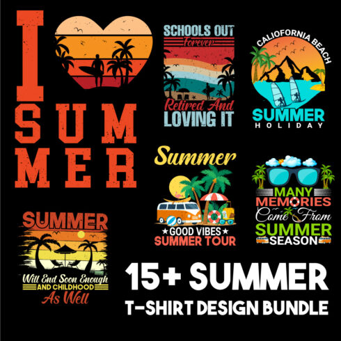 15+ Summer, surf, sunrise, california, beach t-shirt design bundle cover image.