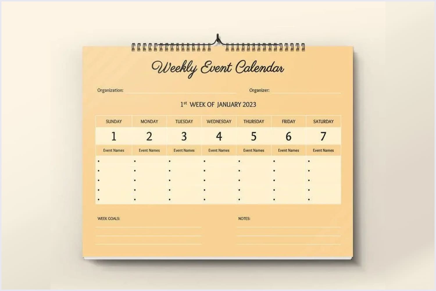 Weekly calendar in the form of a sheet with blocks of days and a place for recording events.