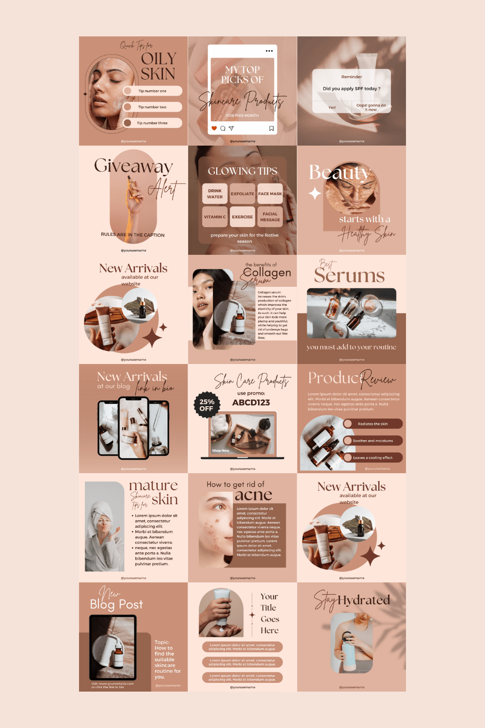 SkinCare Elegant Neutral Brown & Beige Instagram Canva Template pinterest preview image.