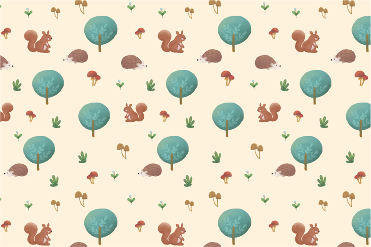 Woodland animals seamless pattern set, 5 patterns with squirrels, hedgehogs, mushrooms, trees and leaves pinterest preview image.