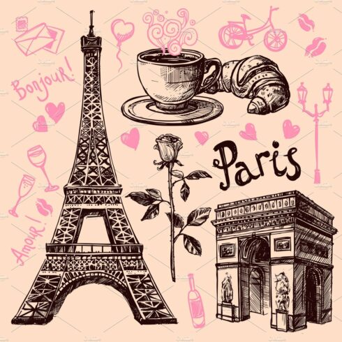 Paris hand drawn symbols set cover image.