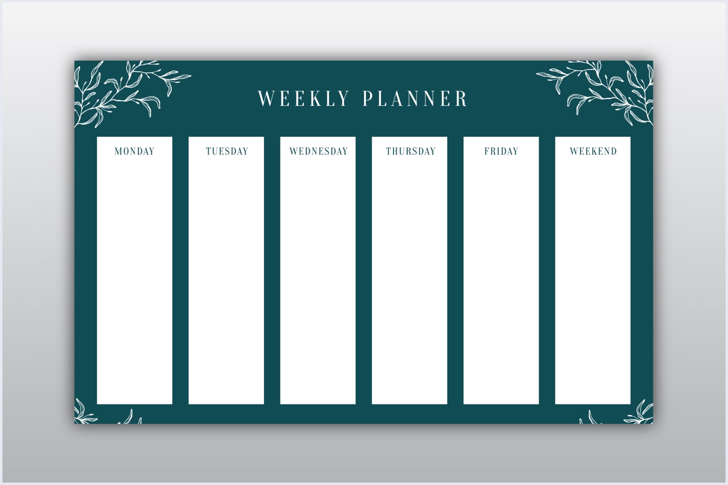 Weekly calendar in the form of a sheet with white blocks of days and a green background.