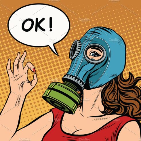 Young woman in gas mask okay gesture cover image.