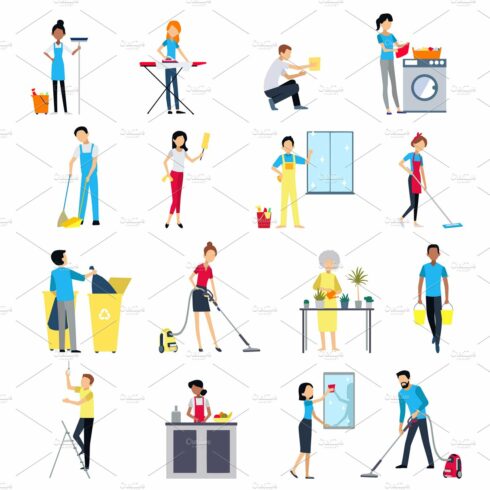 Cleaning people icons set cover image.
