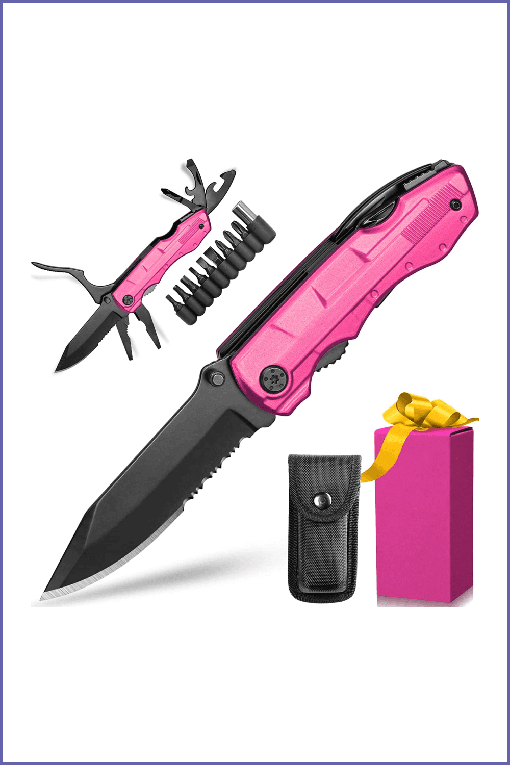 Photo of a pink multi-tool knife with pink packaging.