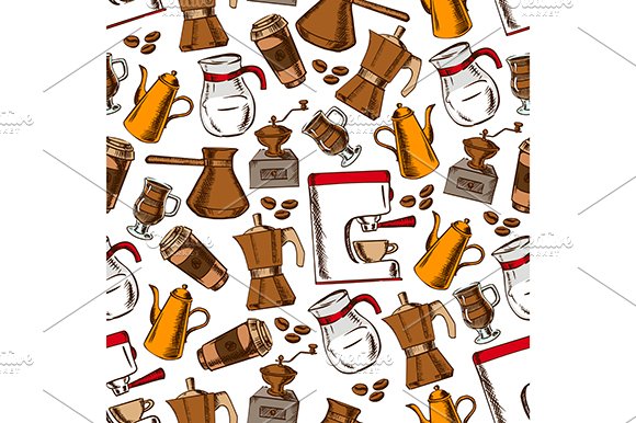 Coffee drinks seamless pattern cover image.