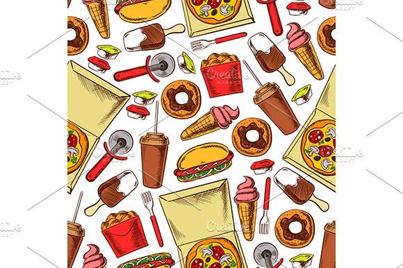 Fast food snacks, drinks pattern cover image.