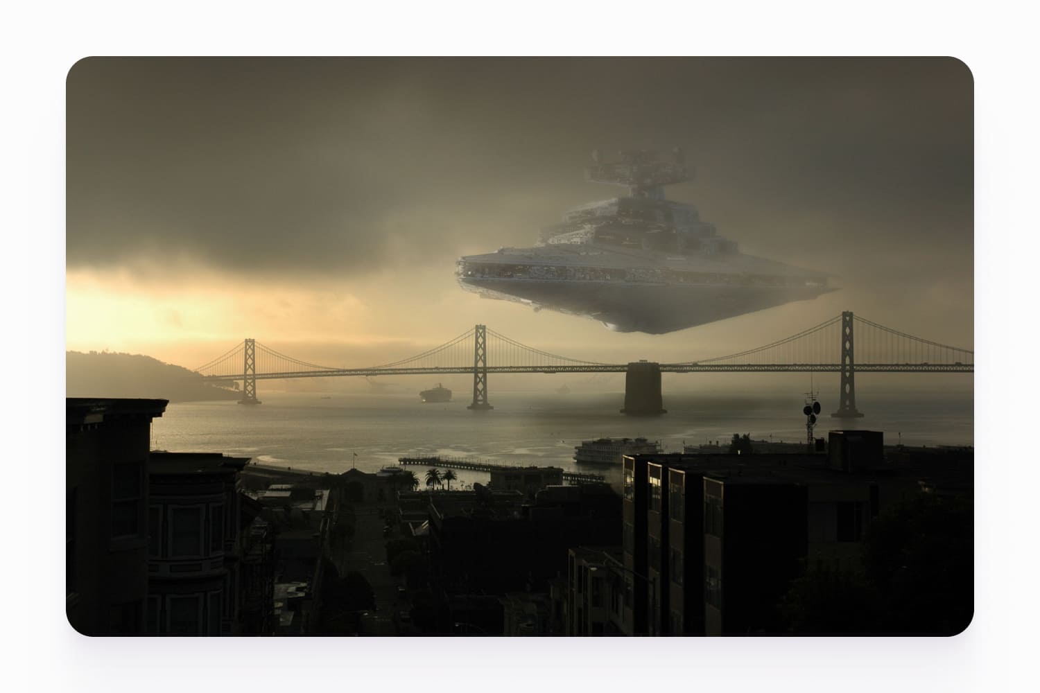 Image of a Star Destroyer over the Bay Bridge.