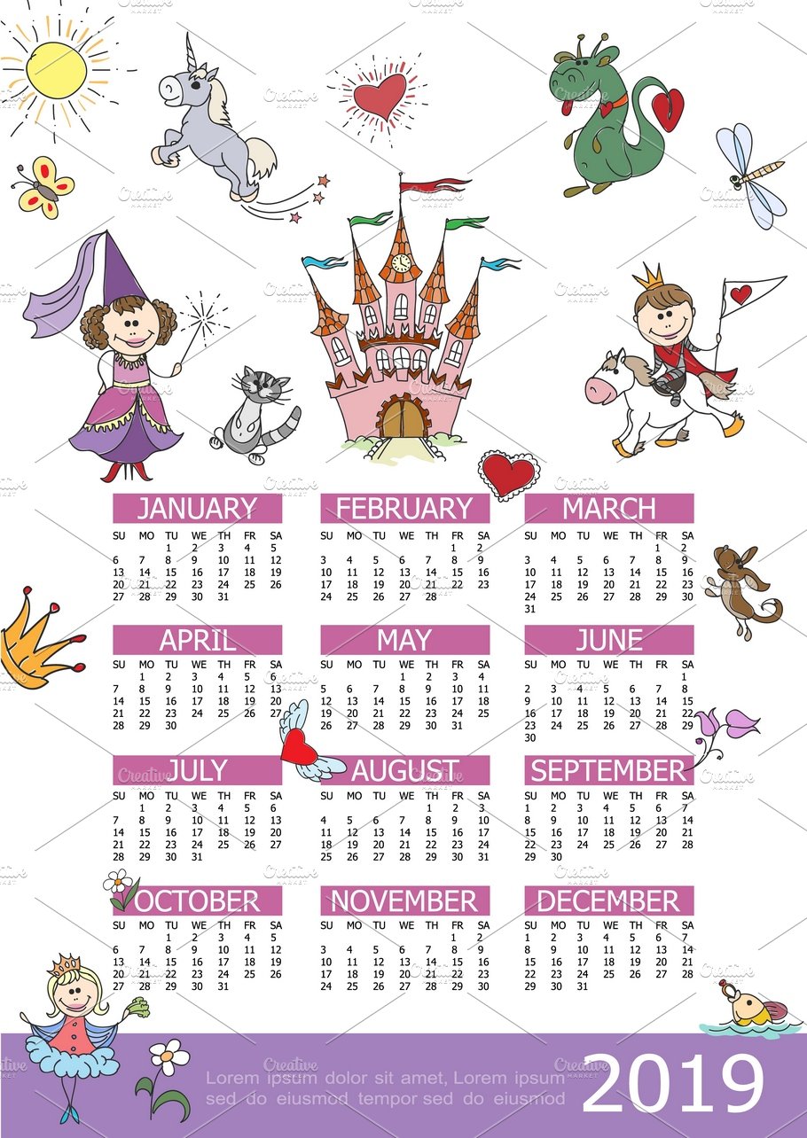 2019 year calendar fairytale kids cover image.